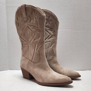 New Time and Tru Faux Suede Embroidered Western Boots - Sand - Size 8